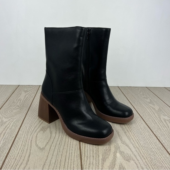 Sun + Stone Aleenn Stacked Round Toe Mid-calf Boots 9M Black Smooth $85 - Picture 1 of 9